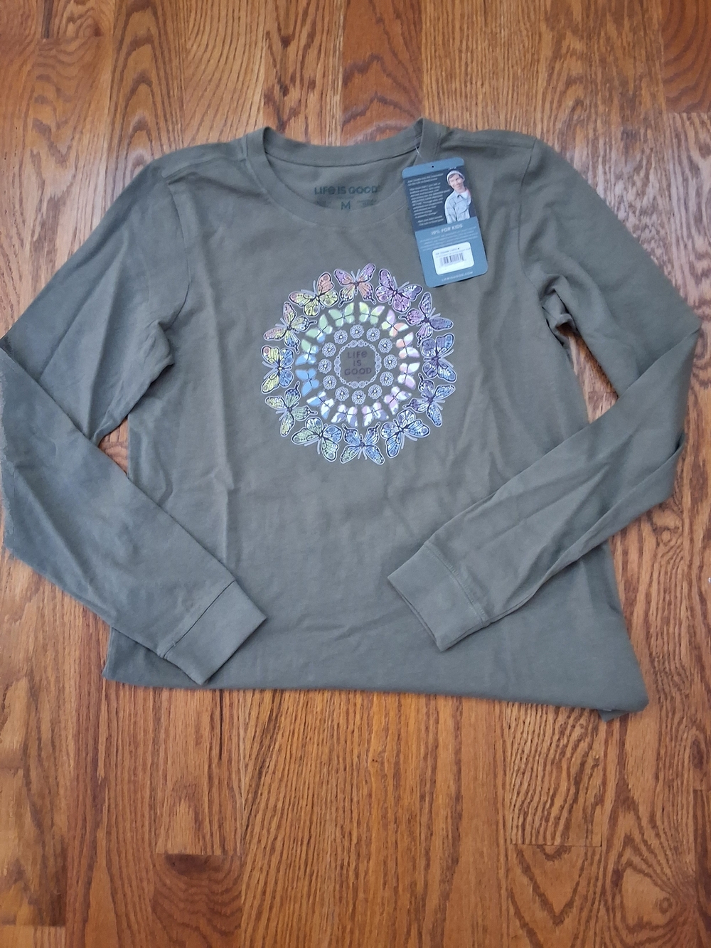 NEW WITH TAG Olive Green Long Sleeve Tee with Rainbow Mandala